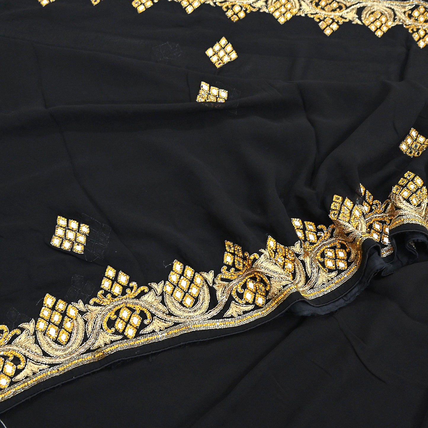 Indian Vintage Heavy Black Saree Blend Georgette Hand Embroidered Sari Craft Fabric 6Yd Sewing Soft Ethnic zardozi Dress Making wedding Sari