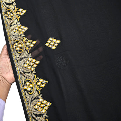 Indian Vintage Heavy Black Saree Blend Georgette Hand Embroidered Sari Craft Fabric 6Yd Sewing Soft Ethnic zardozi Dress Making wedding Sari