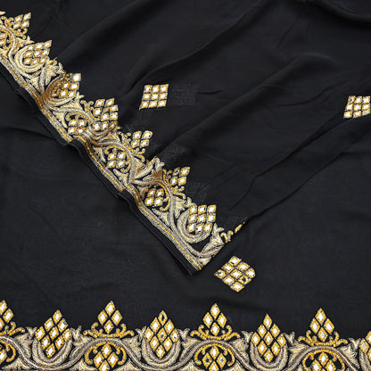 Indian Vintage Heavy Black Saree Blend Georgette Hand Embroidered Sari Craft Fabric 6Yd Sewing Soft Ethnic zardozi Dress Making wedding Sari