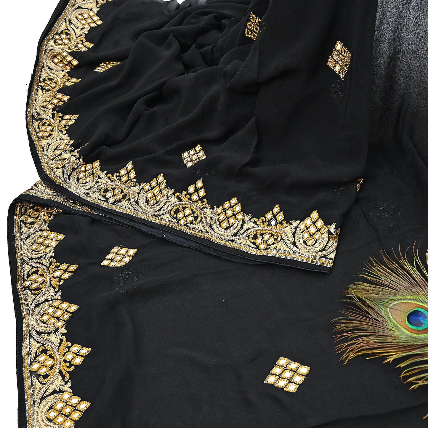 Indian Vintage Heavy Black Saree Blend Georgette Hand Embroidered Sari Craft Fabric 6Yd Sewing Soft Ethnic zardozi Dress Making wedding Sari