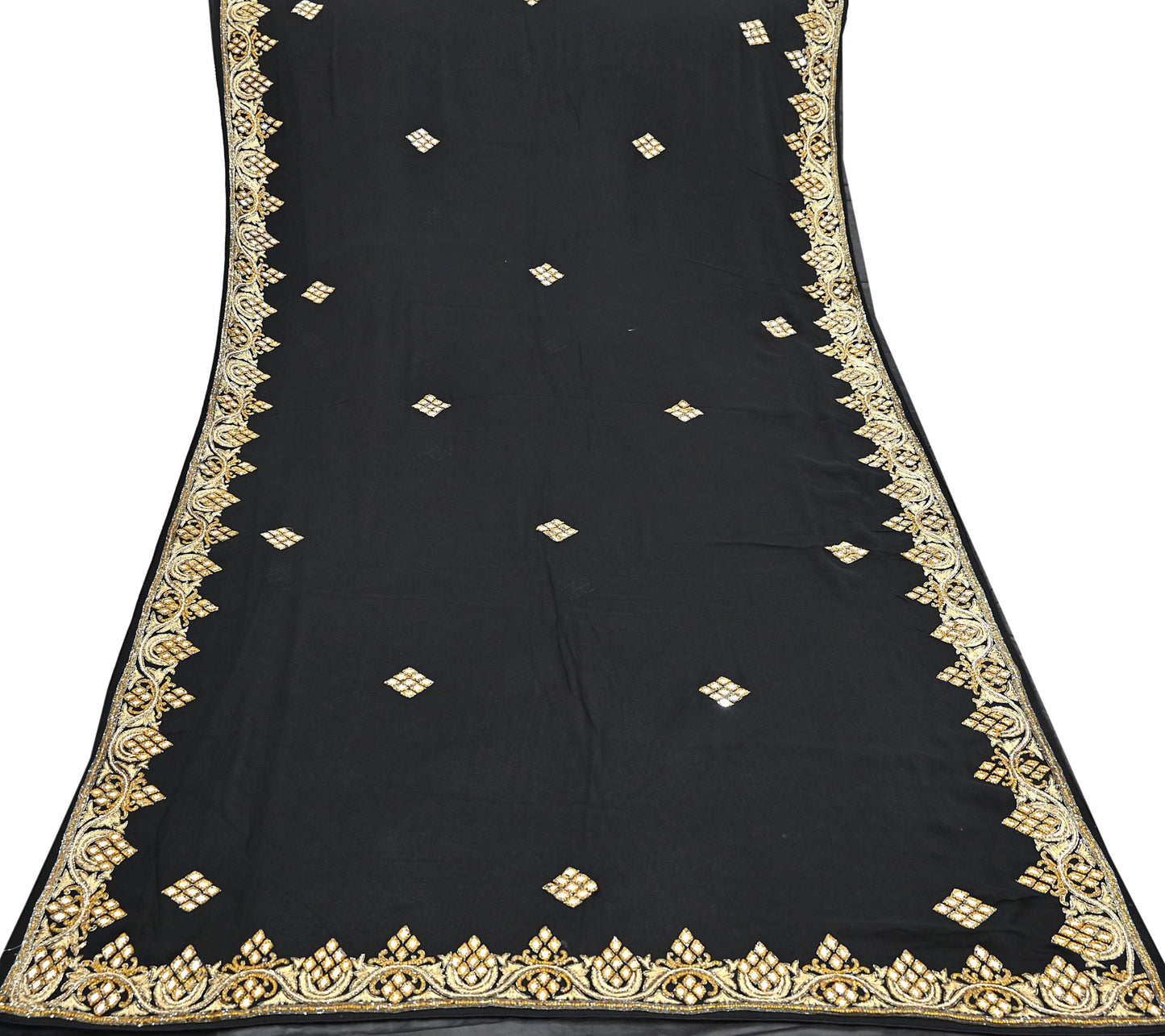 Indian Vintage Heavy Black Saree Blend Georgette Hand Embroidered Sari Craft Fabric 6Yd Sewing Soft Ethnic zardozi Dress Making wedding Sari