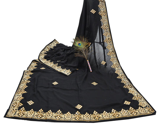 Indian Vintage Heavy Black Saree Blend Georgette Hand Embroidered Sari Craft Fabric 6Yd Sewing Soft Ethnic zardozi Dress Making wedding Sari