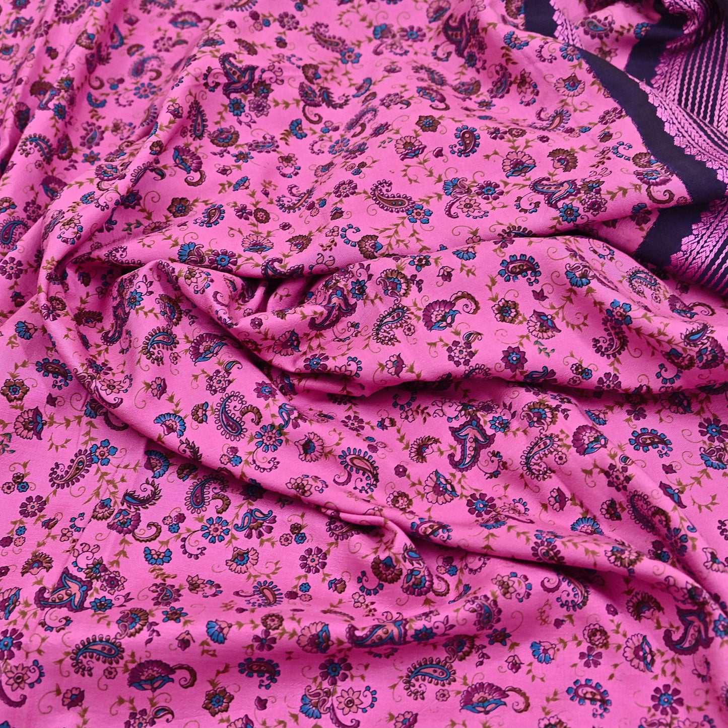 Vintage Sari Pink & blue Pure Silk Hand Woven Printed Saree Fabric 5yard Sewing Dress Designing for Crafting Quilting Upcycle Soft Border