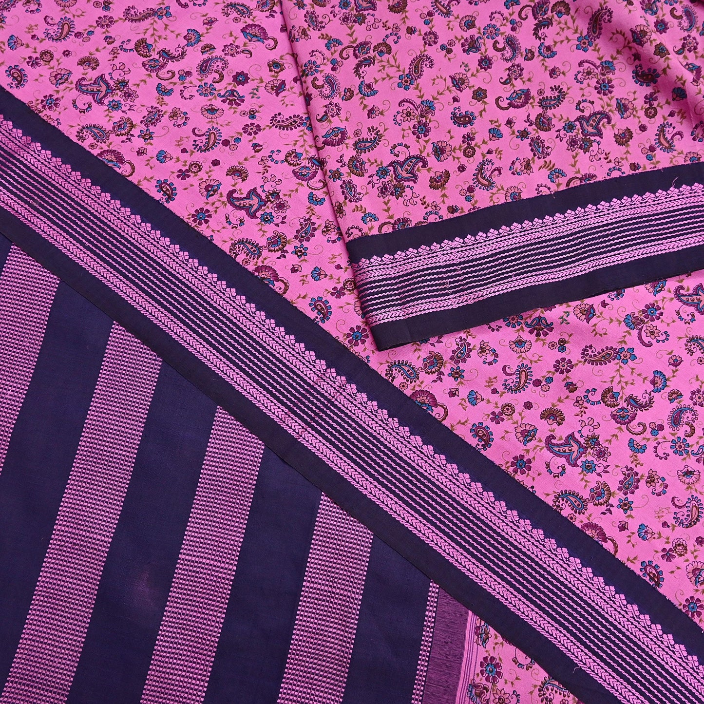 Vintage Sari Pink & blue Pure Silk Hand Woven Printed Saree Fabric 5yard Sewing Dress Designing for Crafting Quilting Upcycle Soft Border