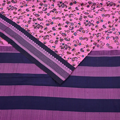 Vintage Sari Pink & blue Pure Silk Hand Woven Printed Saree Fabric 5yard Sewing Dress Designing for Crafting Quilting Upcycle Soft Border
