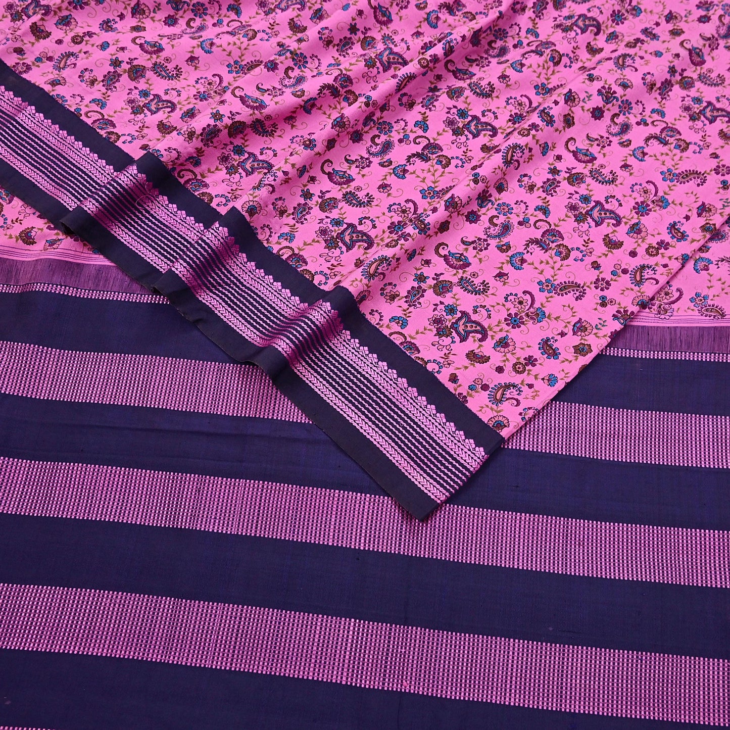 Vintage Sari Pink & blue Pure Silk Hand Woven Printed Saree Fabric 5yard Sewing Dress Designing for Crafting Quilting Upcycle Soft Border