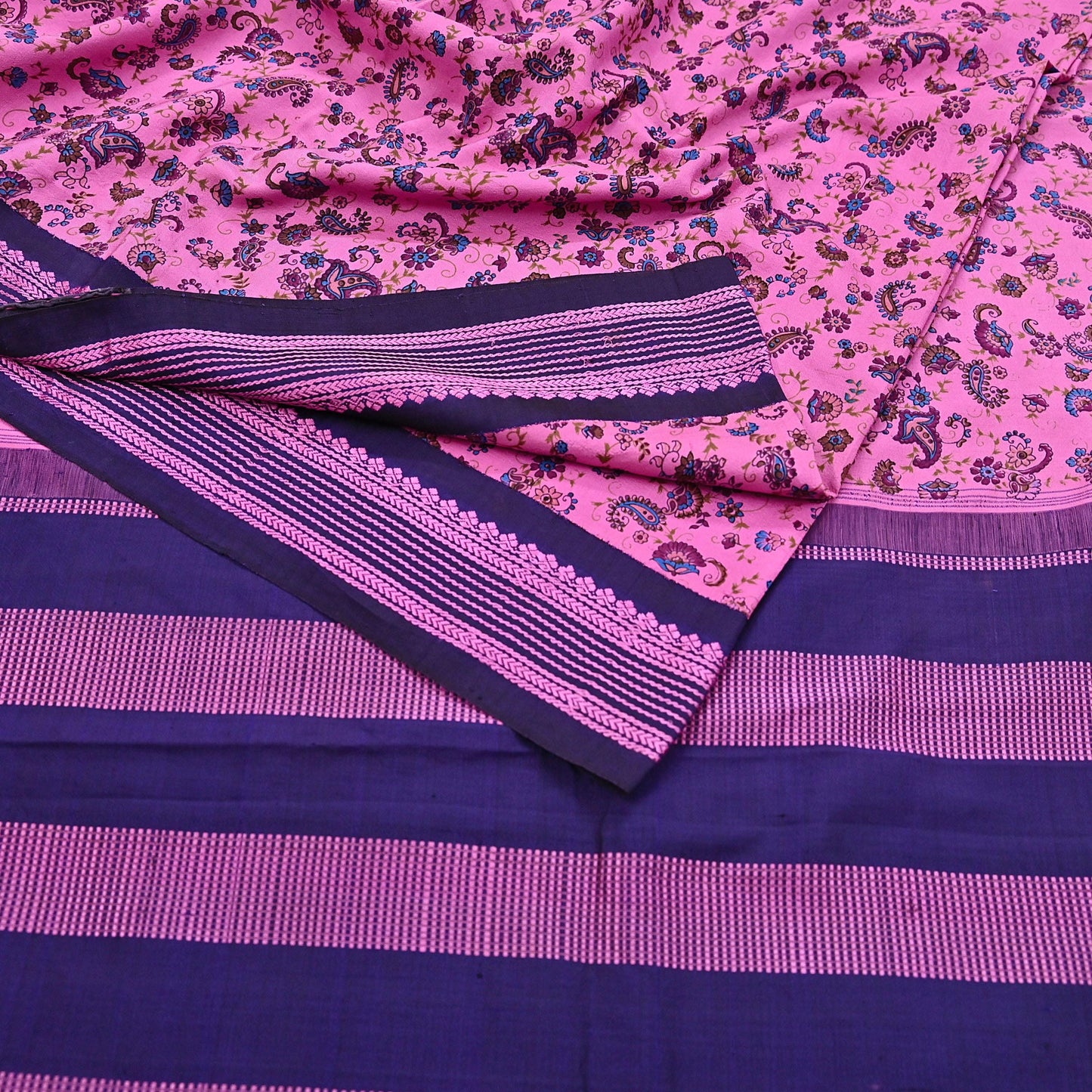 Vintage Sari Pink & blue Pure Silk Hand Woven Printed Saree Fabric 5yard Sewing Dress Designing for Crafting Quilting Upcycle Soft Border