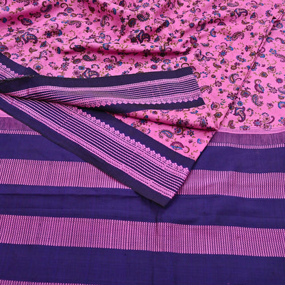 Vintage Sari Pink & blue Pure Silk Hand Woven Printed Saree Fabric 5yard Sewing Dress Designing for Crafting Quilting Upcycle Soft Border
