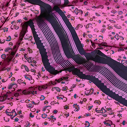 Vintage Sari Pink & blue Pure Silk Hand Woven Printed Saree Fabric 5yard Sewing Dress Designing for Crafting Quilting Upcycle Soft Border