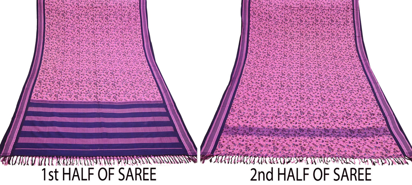 Vintage Sari Pink & blue Pure Silk Hand Woven Printed Saree Fabric 5yard Sewing Dress Designing for Crafting Quilting Upcycle Soft Border