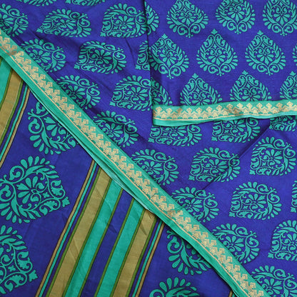 Vintage Blue & green Pure Silk Saree Indian Printed Silk Fabric 6 Yards Boho Craft Material for Sewing, Quilting, Dressmaking, Upcycling