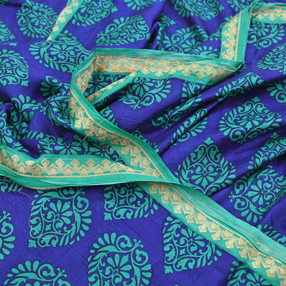 Vintage Blue & green Pure Silk Saree Indian Printed Silk Fabric 6 Yards Boho Craft Material for Sewing, Quilting, Dressmaking, Upcycling
