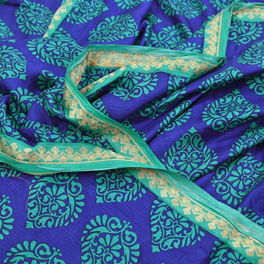 Vintage Blue & green Pure Silk Saree Indian Printed Silk Fabric 6 Yards Boho Craft Material for Sewing, Quilting, Dressmaking, Upcycling