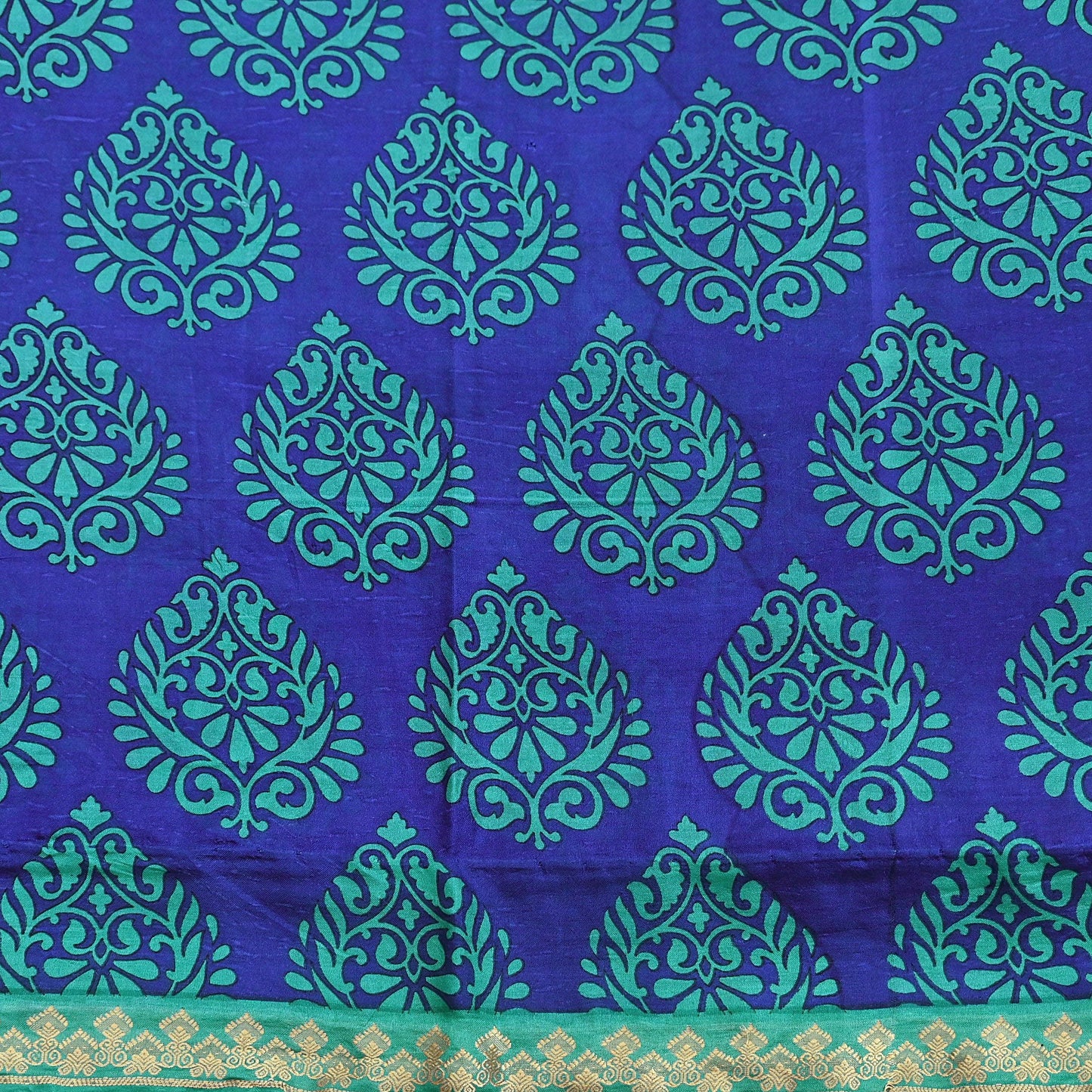 Vintage Blue & green Pure Silk Saree Indian Printed Silk Fabric 6 Yards Boho Craft Material for Sewing, Quilting, Dressmaking, Upcycling