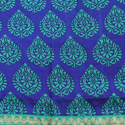 Vintage Blue & green Pure Silk Saree Indian Printed Silk Fabric 6 Yards Boho Craft Material for Sewing, Quilting, Dressmaking, Upcycling