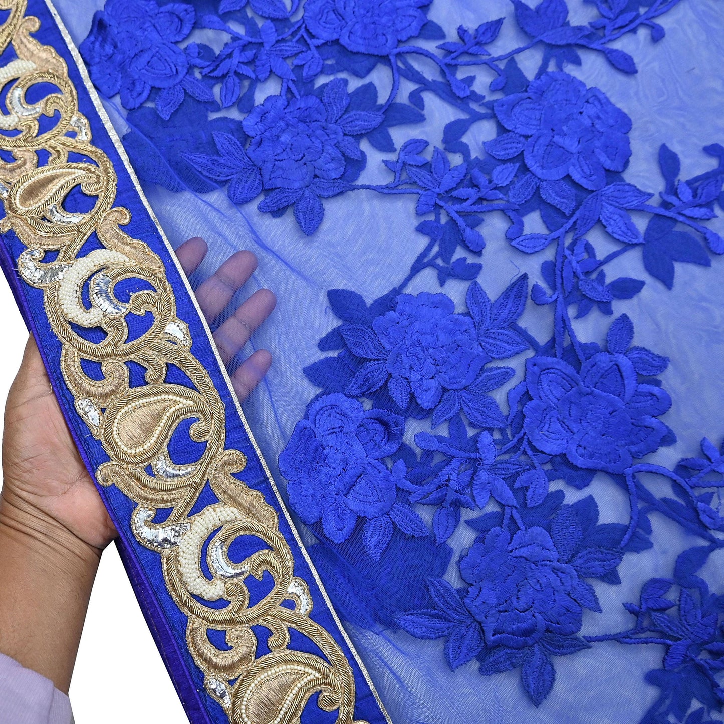 Indian Vintage Heavy Sari Royal Blue Net/Mesh Hand Embroidered Sarees Craft Fabric 6Yd Sewing Soft Zardozi Wedding sarees