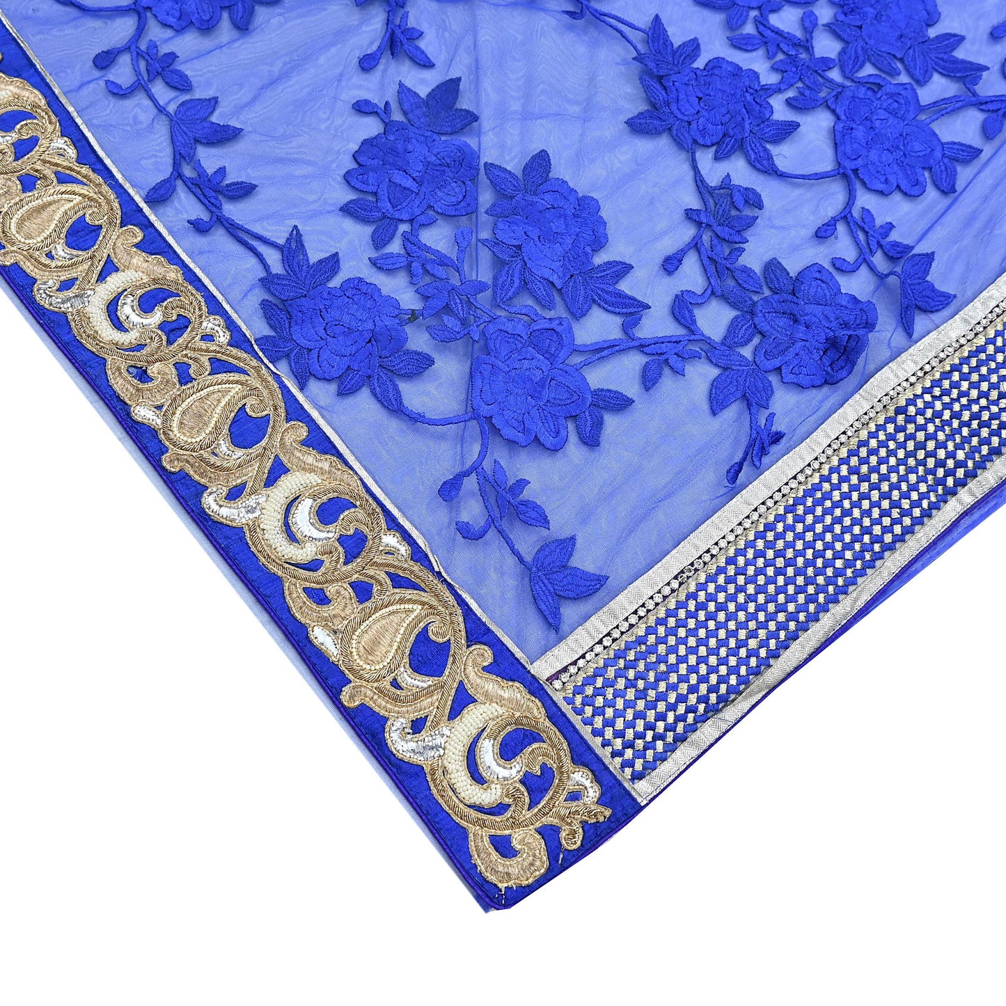 Indian Vintage Heavy Sari Royal Blue Net/Mesh Hand Embroidered Sarees Craft Fabric 6Yd Sewing Soft Zardozi Wedding sarees