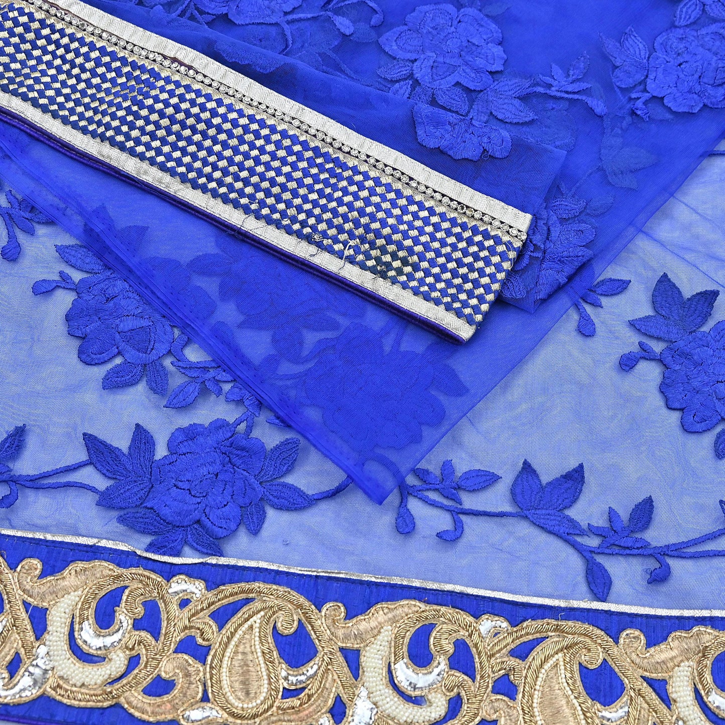 Indian Vintage Heavy Sari Royal Blue Net/Mesh Hand Embroidered Sarees Craft Fabric 6Yd Sewing Soft Zardozi Wedding sarees