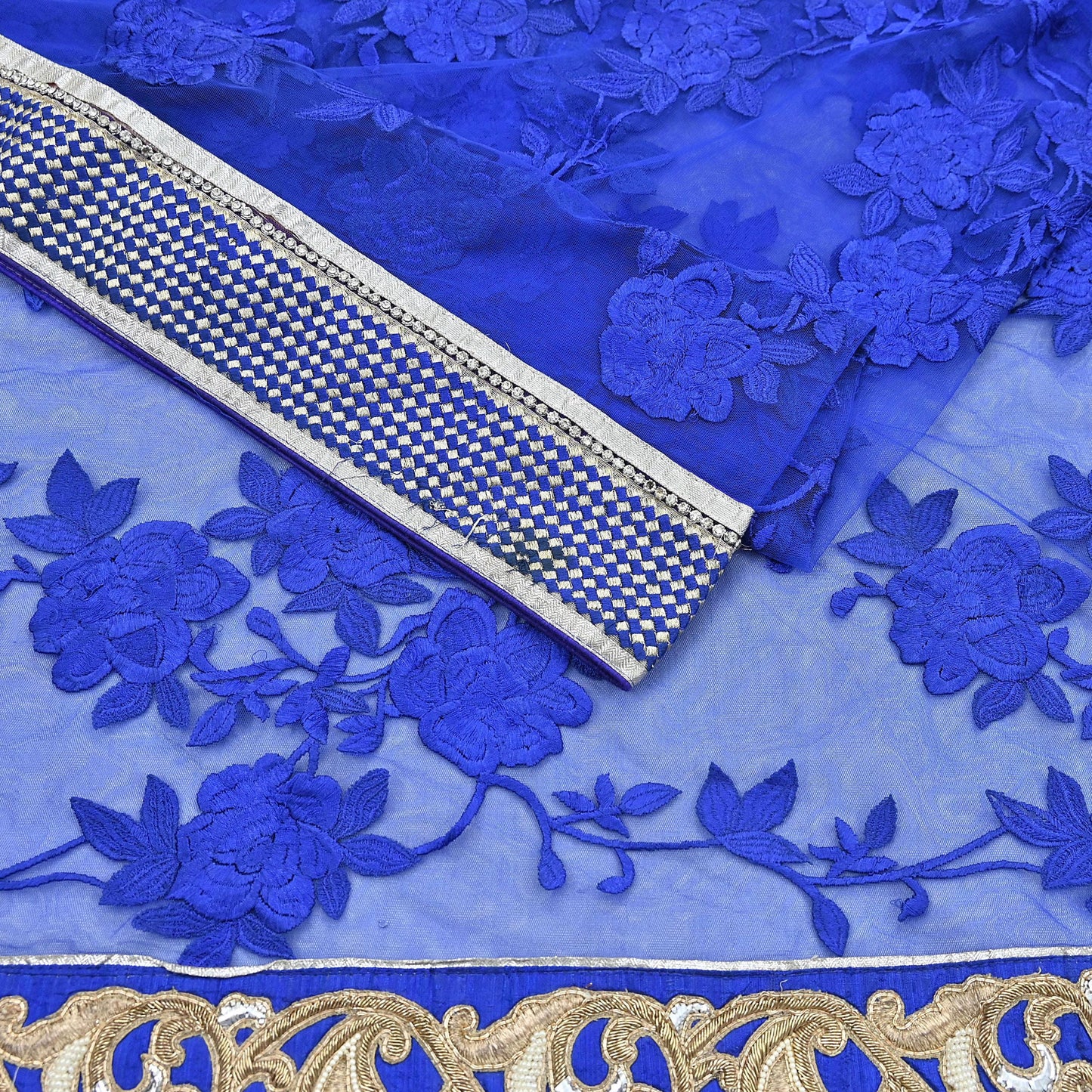 Indian Vintage Heavy Sari Royal Blue Net/Mesh Hand Embroidered Sarees Craft Fabric 6Yd Sewing Soft Zardozi Wedding sarees