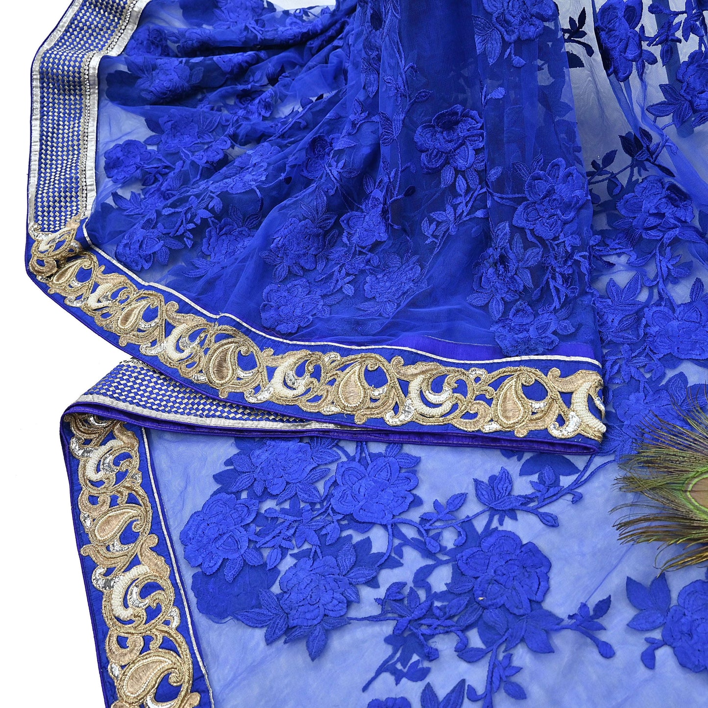 Indian Vintage Heavy Sari Royal Blue Net/Mesh Hand Embroidered Sarees Craft Fabric 6Yd Sewing Soft Zardozi Wedding sarees