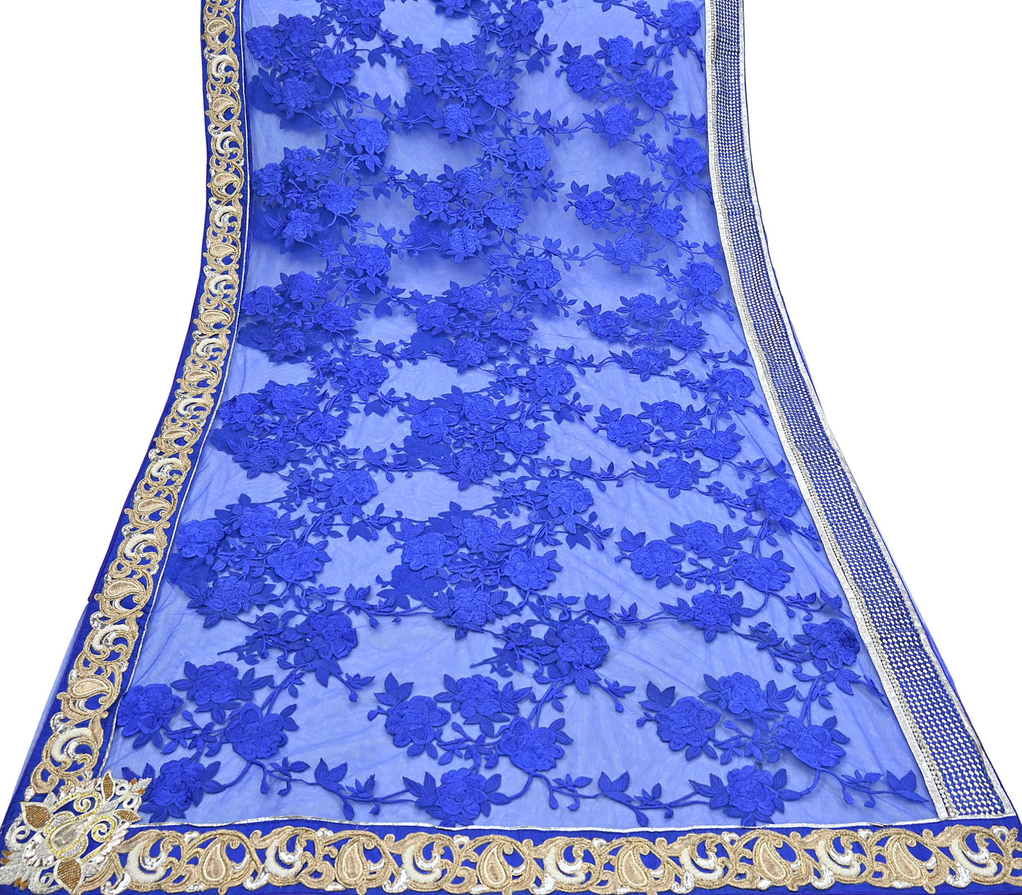 Indian Vintage Heavy Sari Royal Blue Net/Mesh Hand Embroidered Sarees Craft Fabric 6Yd Sewing Soft Zardozi Wedding sarees