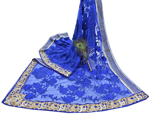 Indian Vintage Heavy Sari Royal Blue Net/Mesh Hand Embroidered Sarees Craft Fabric 6Yd Sewing Soft Zardozi Wedding sarees