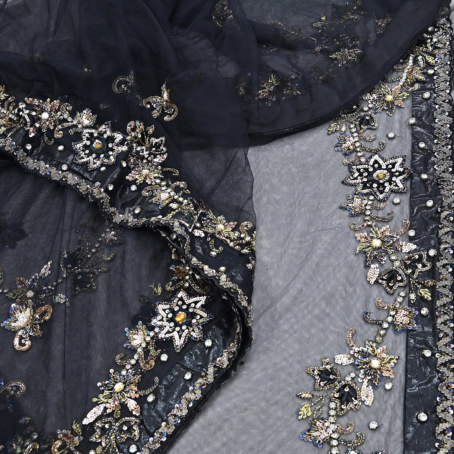 Indian Heavy Sari Black Net/Mesh Hand Embroidered Sarees Craft Fabric 6Yd Sewing Soft Zardozi Wedding sarees