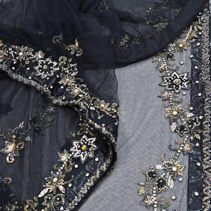 Indian Heavy Sari Black Net/Mesh Hand Embroidered Sarees Craft Fabric 6Yd Sewing Soft Zardozi Wedding sarees
