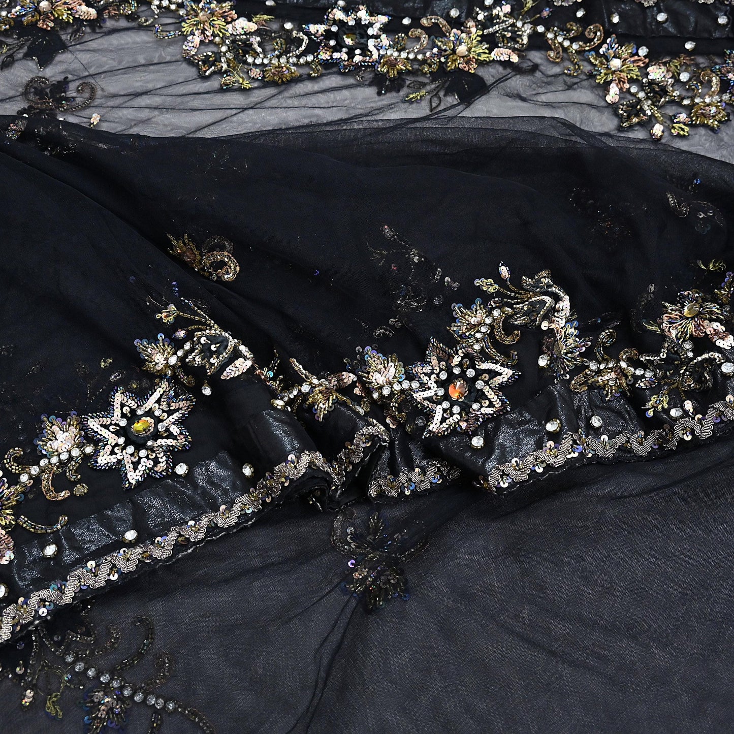 Indian Heavy Sari Black Net/Mesh Hand Embroidered Sarees Craft Fabric 6Yd Sewing Soft Zardozi Wedding sarees