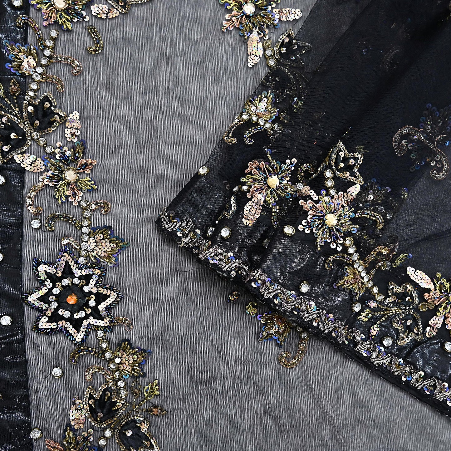 Indian Heavy Sari Black Net/Mesh Hand Embroidered Sarees Craft Fabric 6Yd Sewing Soft Zardozi Wedding sarees