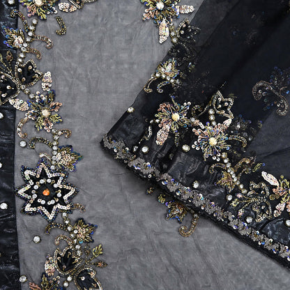 Indian Heavy Sari Black Net/Mesh Hand Embroidered Sarees Craft Fabric 6Yd Sewing Soft Zardozi Wedding sarees