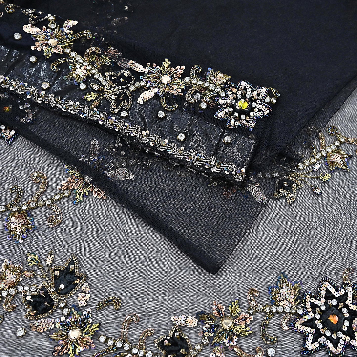Indian Heavy Sari Black Net/Mesh Hand Embroidered Sarees Craft Fabric 6Yd Sewing Soft Zardozi Wedding sarees