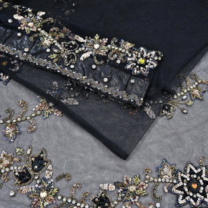Indian Heavy Sari Black Net/Mesh Hand Embroidered Sarees Craft Fabric 6Yd Sewing Soft Zardozi Wedding sarees