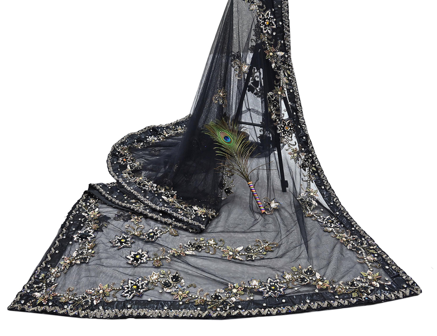 Indian Heavy Sari Black Net/Mesh Hand Embroidered Sarees Craft Fabric 6Yd Sewing Soft Zardozi Wedding sarees