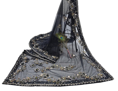 Indian Heavy Sari Black Net/Mesh Hand Embroidered Sarees Craft Fabric 6Yd Sewing Soft Zardozi Wedding sarees
