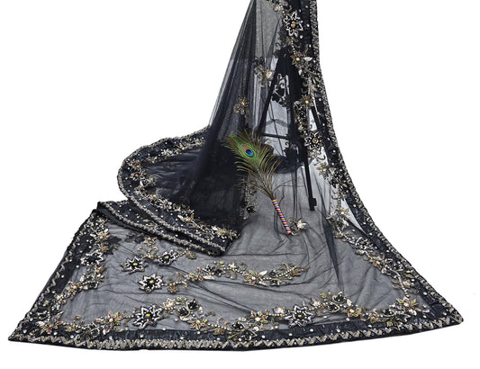 Indian Heavy Sari Black Net/Mesh Hand Embroidered Sarees Craft Fabric 6Yd Sewing Soft Zardozi Wedding sarees