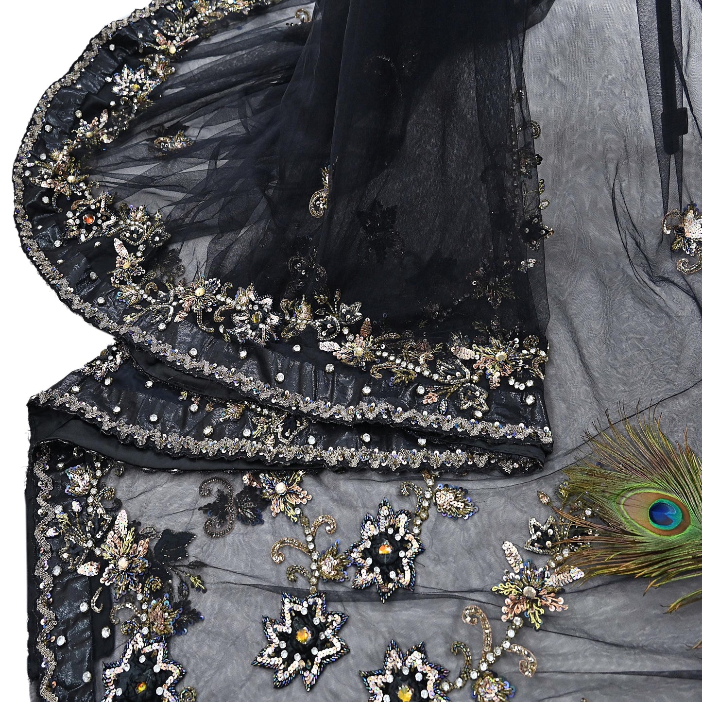 Indian Heavy Sari Black Net/Mesh Hand Embroidered Sarees Craft Fabric 6Yd Sewing Soft Zardozi Wedding sarees