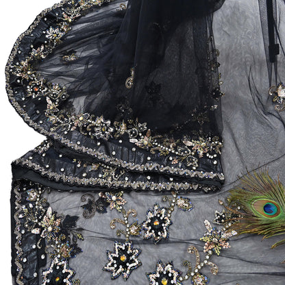Indian Heavy Sari Black Net/Mesh Hand Embroidered Sarees Craft Fabric 6Yd Sewing Soft Zardozi Wedding sarees