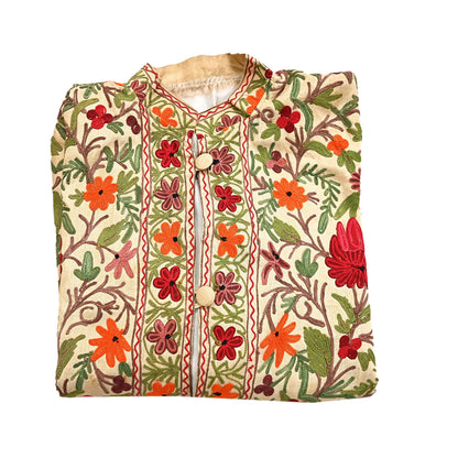 Indian Vintage Beige Embroidered Kashmiri Coat, Aari Embroidery, Raw Silk Coat, Boho Jacket For Both Women/Men Indian Coat