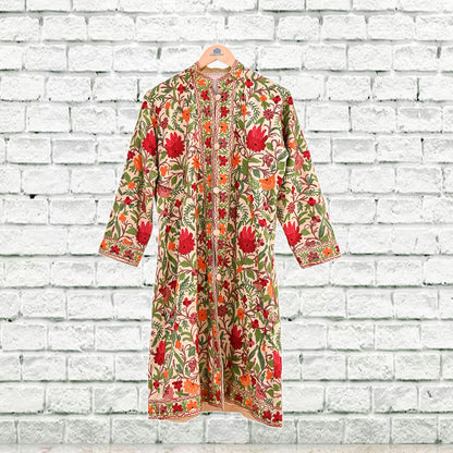 Indian Vintage Beige Embroidered Kashmiri Coat, Aari Embroidery, Raw Silk Coat, Boho Jacket For Both Women/Men Indian Coat