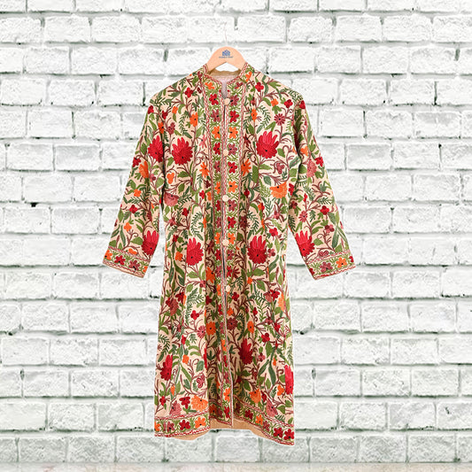 Indian Vintage Beige Embroidered Kashmiri Coat, Aari Embroidery, Raw Silk Coat, Boho Jacket For Both Women/Men Indian Coat