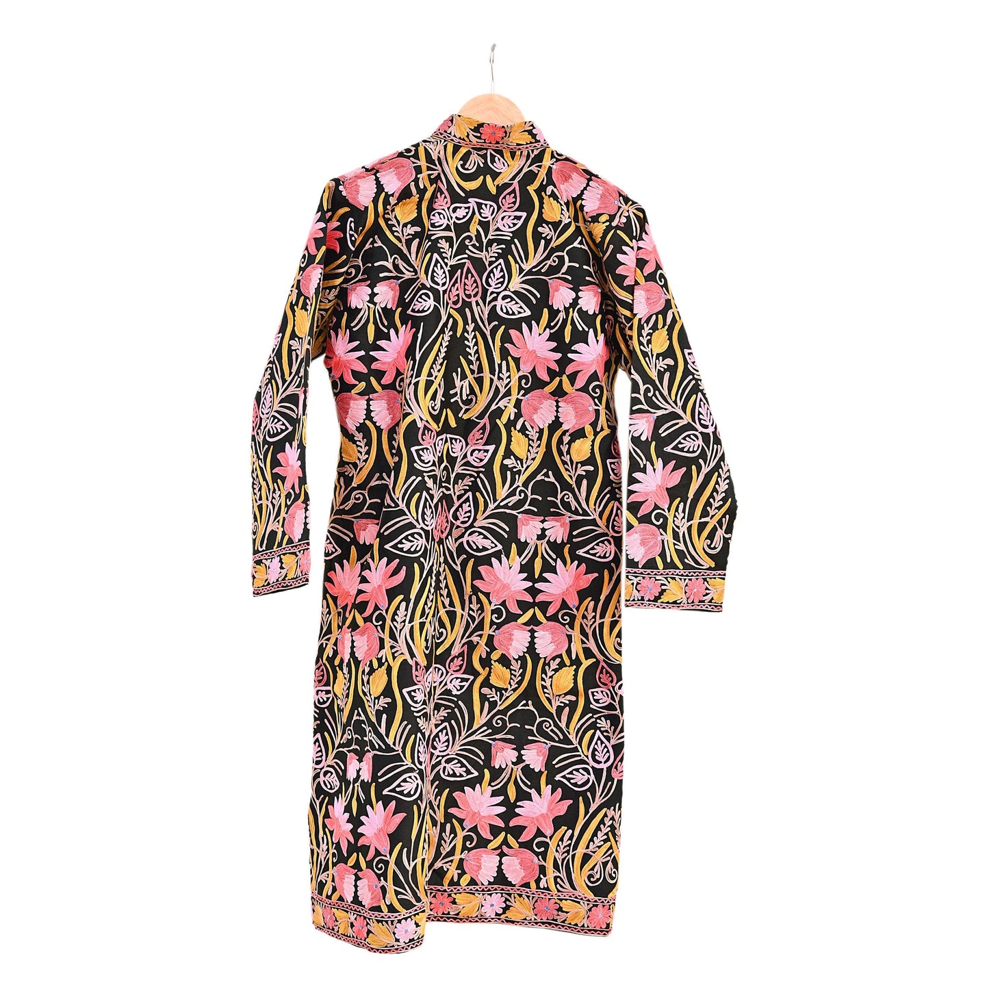 Indian Vintage Black Embroidered Kashmiri Coat, Aari Embroidery, Raw Silk Coat, Boho Jacket For Both Women/Men Indian Coat
