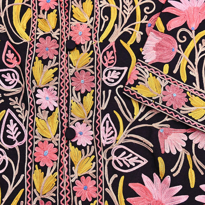 Indian Vintage Black Embroidered Kashmiri Coat, Aari Embroidery, Raw Silk Coat, Boho Jacket For Both Women/Men Indian Coat