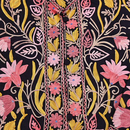 Indian Vintage Black Embroidered Kashmiri Coat, Aari Embroidery, Raw Silk Coat, Boho Jacket For Both Women/Men Indian Coat