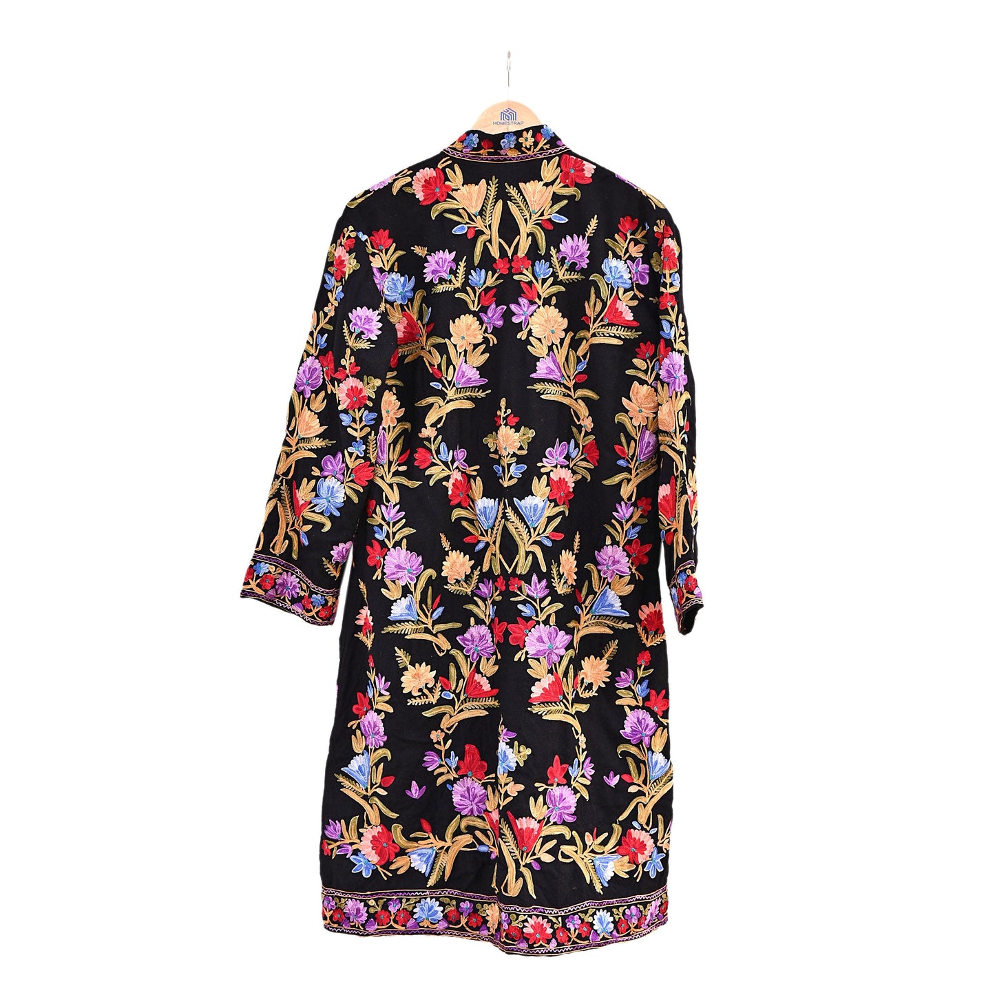 Indian Vintage Black Embroidered Kashmiri Coat, Aari Embroidery, Pure Woolen Coat, Boho Jacket For Both Women/Men Indian Coat