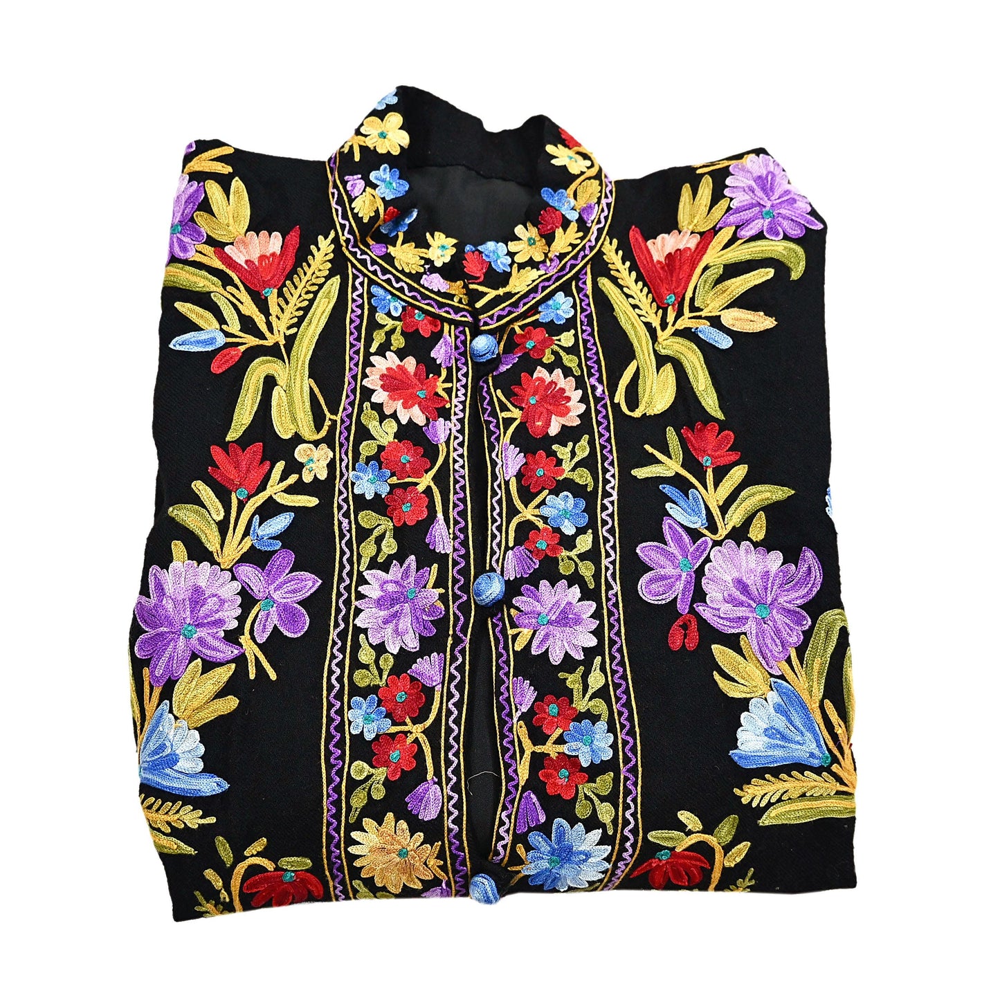 Indian Vintage Black Embroidered Kashmiri Coat, Aari Embroidery, Pure Woolen Coat, Boho Jacket For Both Women/Men Indian Coat