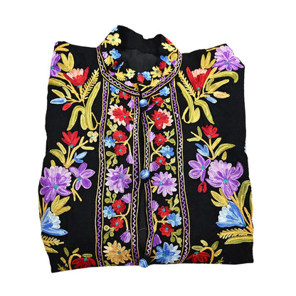 Indian Vintage Black Embroidered Kashmiri Coat, Aari Embroidery, Pure Woolen Coat, Boho Jacket For Both Women/Men Indian Coat