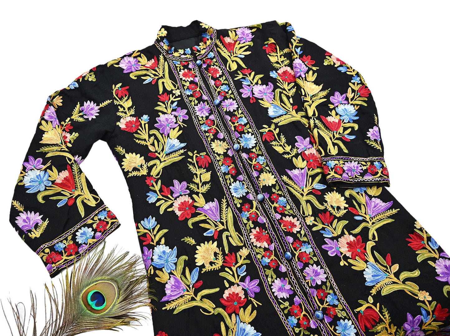 Indian Vintage Black Embroidered Kashmiri Coat, Aari Embroidery, Pure Woolen Coat, Boho Jacket For Both Women/Men Indian Coat