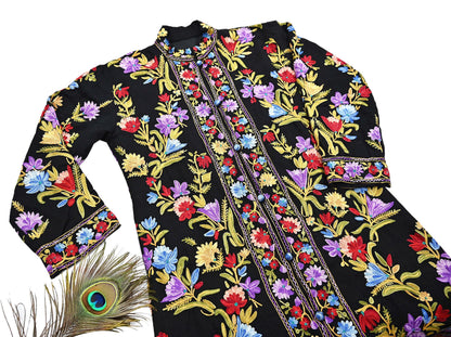 Indian Vintage Black Embroidered Kashmiri Coat, Aari Embroidery, Pure Woolen Coat, Boho Jacket For Both Women/Men Indian Coat