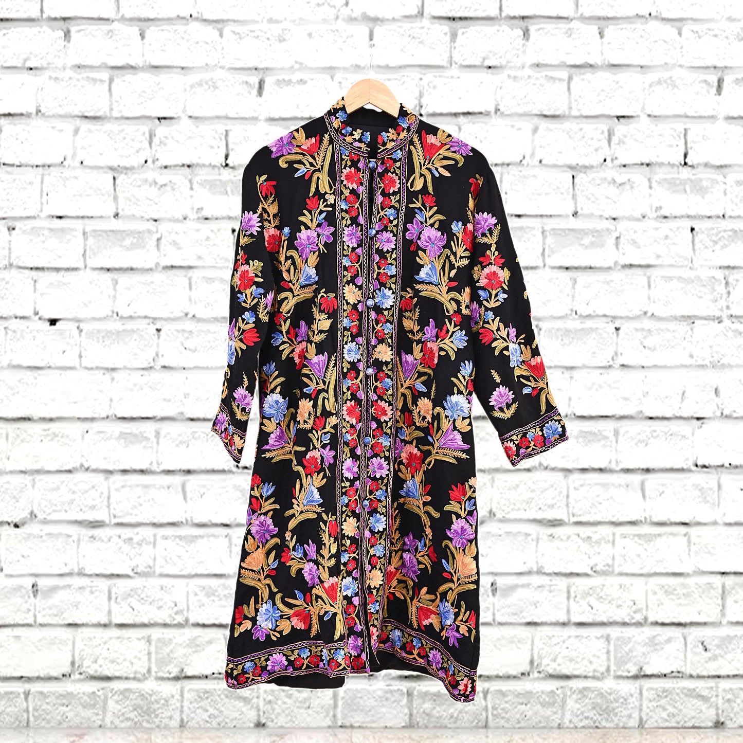 Indian Vintage Black Embroidered Kashmiri Coat, Aari Embroidery, Pure Woolen Coat, Boho Jacket For Both Women/Men Indian Coat